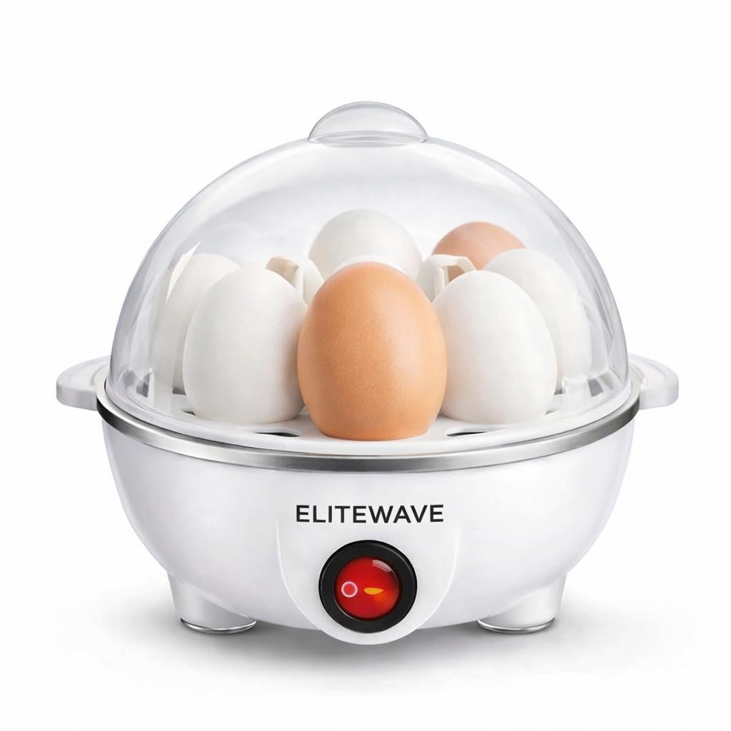 Elitewave electric egg boiler with transparent lid and multiple eggs inside, designed for quick and convenient boiling of eggs at home.