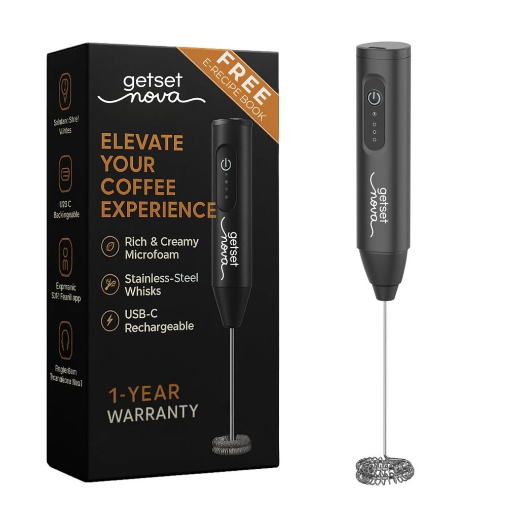 GetSet Nova rechargeable electric milk frother with stainless steel whisk, USB-C charging, and handheld design for creating rich and creamy coffee foam.