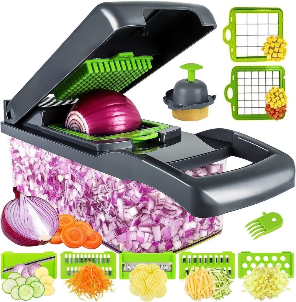 8-in-1 multifunction vegetable chopper with storage container, onion dicer, slicer, grater, julienne cutter, and interchangeable blades for quick vegetable preparation.