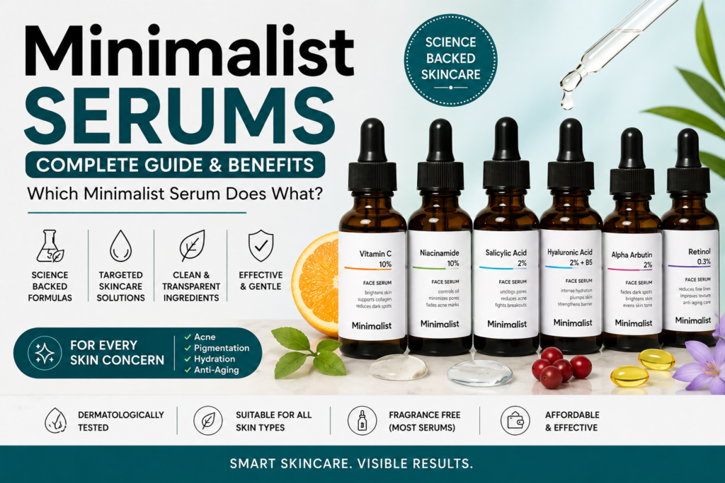 Minimalist serums guide featuring Vitamin C, Niacinamide, Salicylic Acid, Hyaluronic Acid, Alpha Arbutin, and Retinol serums for acne, pigmentation, hydration, and anti-aging skincare.