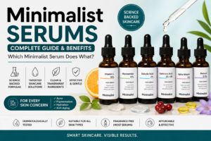 Minimalist serums guide featuring Vitamin C, Niacinamide, Salicylic Acid, Hyaluronic Acid, Alpha Arbutin, and Retinol serums for acne, pigmentation, hydration, and anti-aging skincare.