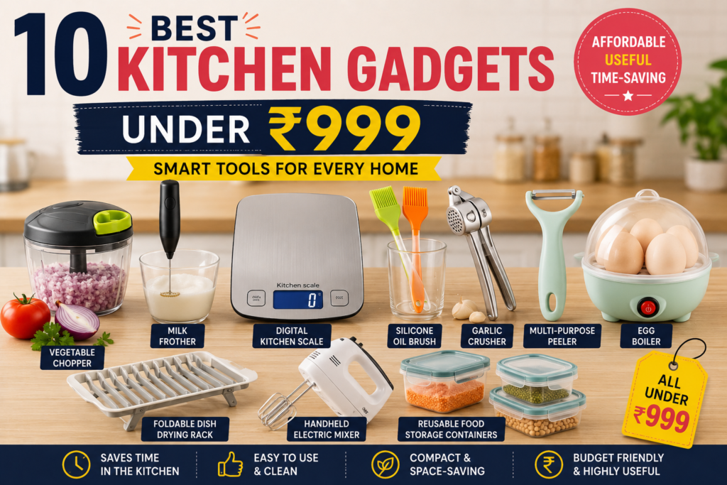 Featured image showcasing the 10 best kitchen gadgets under ₹999, including a vegetable chopper, milk frother, digital kitchen scale, garlic crusher, egg boiler, handheld mixer, and food storage containers.