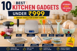 Featured image showcasing the 10 best kitchen gadgets under ₹999, including a vegetable chopper, milk frother, digital kitchen scale, garlic crusher, egg boiler, handheld mixer, and food storage containers.