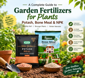 Garden fertilizers for plants poster featuring potash, bone meal and NPK nutrients
