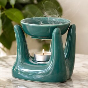Teal ceramic aromatherapy oil burner with tealight candle and steaming bowl