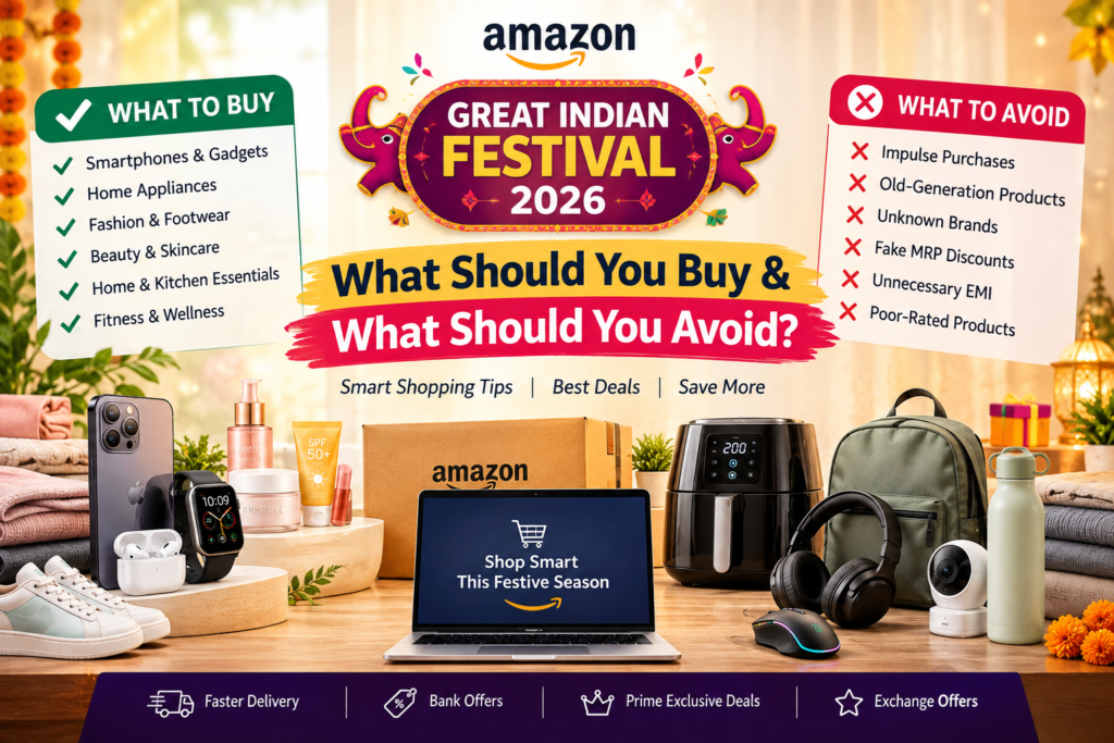 Great Indian Festival 2026 shopping guide showing products to buy and avoid, including smartphones, beauty products, fashion, home appliances, and electronics