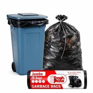 Jumbo black garbage bags with blue trash bin