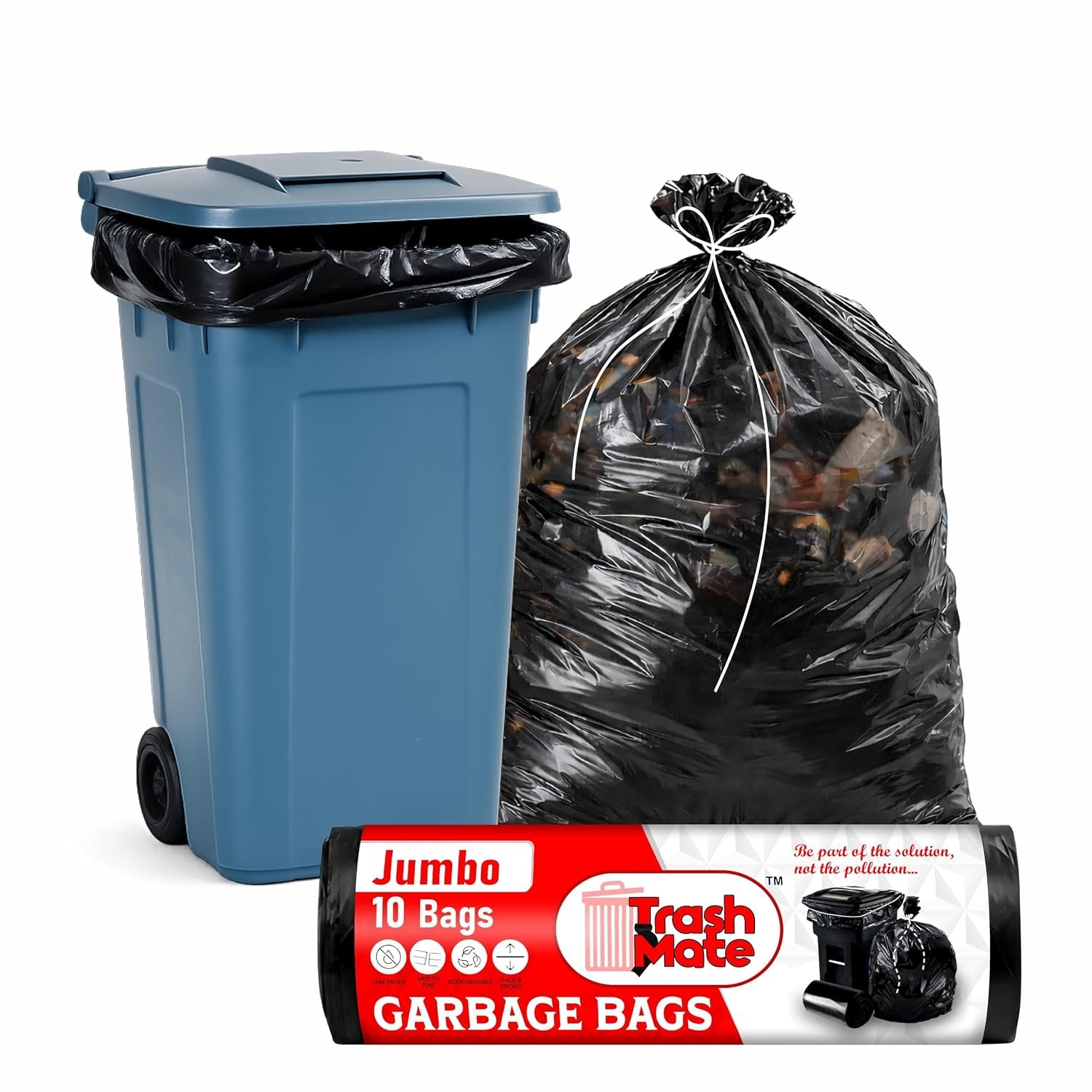 Jumbo black garbage bags with blue trash bin