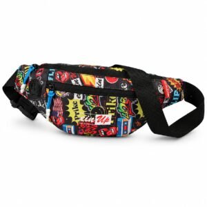 Colorful graffiti print waist bag with multiple zippered compartments, adjustable black strap, blue zipper pulls and compact design for carrying everyday essentials.