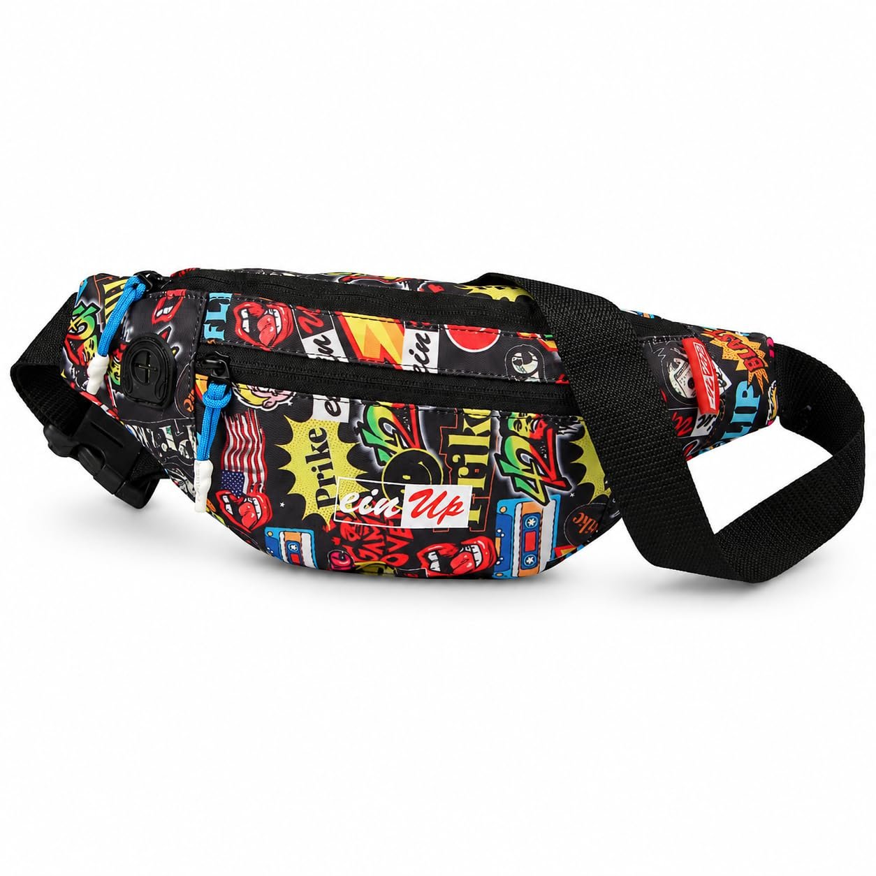 Colorful graffiti print waist bag with multiple zippered compartments, adjustable black strap, blue zipper pulls and compact design for carrying everyday essentials.