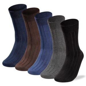 Five pairs of men's crew socks in navy blue, brown, blue, gray and black
