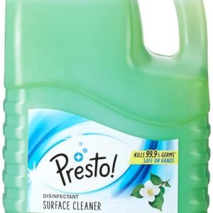 Presto Jasmine disinfectant surface cleaner in a large green bottle with handle and blue cap, designed to remove stains and provide a refreshing jasmine fragrance.