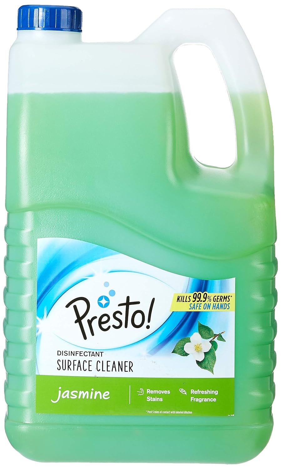 Presto Jasmine disinfectant surface cleaner in a large green bottle with handle and blue cap, designed to remove stains and provide a refreshing jasmine fragrance.