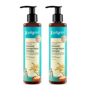Pilgrim Korean Rice Water and Collagen Advanced Damage Repair Shampoo with 17 amino acids, wheat protein and 5 ceramides, shown in a two-bottle pack.