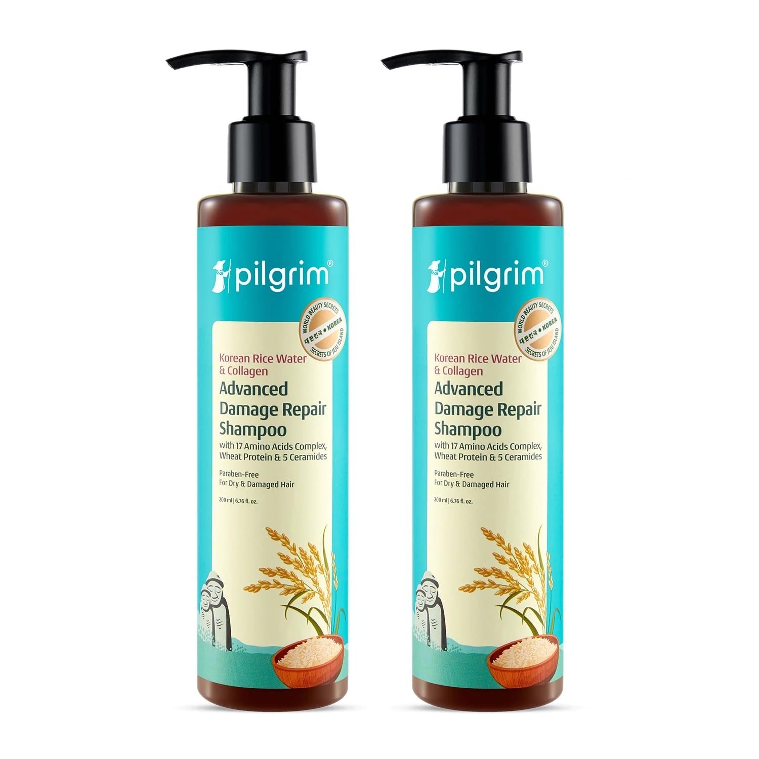 Pilgrim Korean Rice Water and Collagen Advanced Damage Repair Shampoo with 17 amino acids, wheat protein and 5 ceramides, shown in a two-bottle pack.