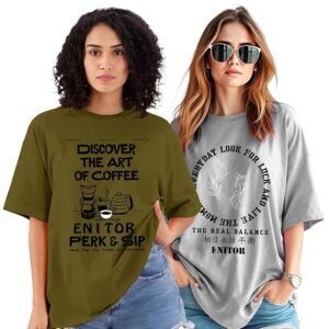 Women wearing oversized graphic printed T-shirts in olive green and grey