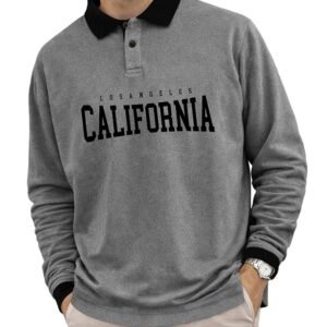 Men’s grey California polo sweatshirt with black collar and long sleeves