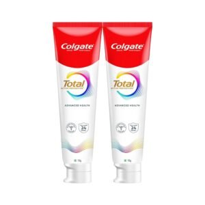Colgate Total Active Prevention Advanced Health toothpaste twin pack with two 150g tubes, featuring antibacterial protection and fluoride toothpaste for daily oral care.