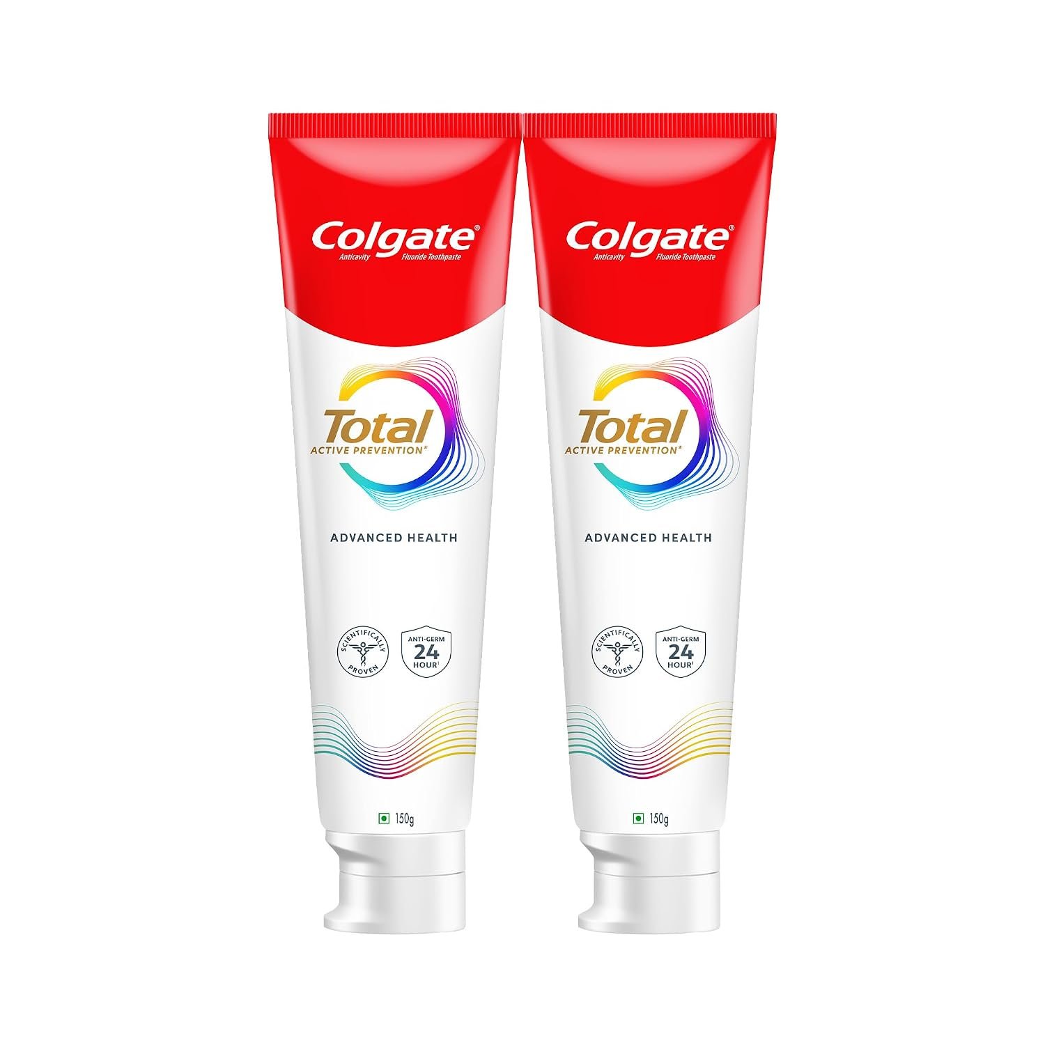 Colgate Total Active Prevention Advanced Health toothpaste twin pack with two 150g tubes, featuring antibacterial protection and fluoride toothpaste for daily oral care.