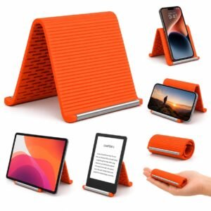Orange foldable phone and tablet stand with non-slip ribbed design, shown in multiple positions