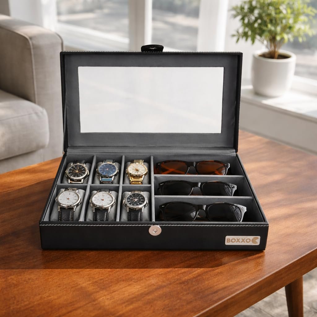BOXO black watch and sunglasses organizer box featuring multiple compartments for storing wristwatches and eyewear, with a stylish wooden table display.