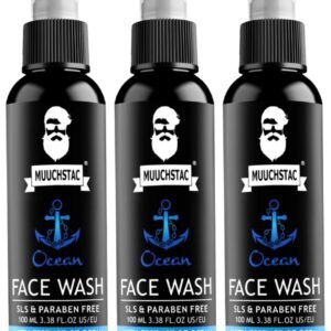 Three bottles of MUUCHSTAC Ocean Face Wash with ocean essence, SLS-free and paraben-free formula