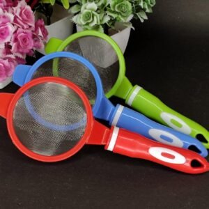 Set of three colorful kitchen strainers with fine stainless steel mesh filters and ergonomic handles in red, blue and green, displayed on a black surface.