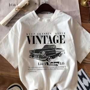 White vintage graphic T-shirt with classic car print