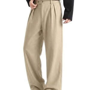 Men’s beige wide leg trousers with pleated front and relaxed fit