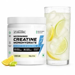 Wellversed Wellcore micronised creatine monohydrate supplement with a glass of lemon lime drink