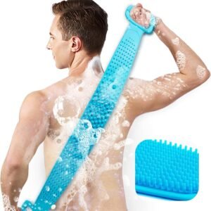 Blue silicone back scrubber with long handle for shower and body cleaning