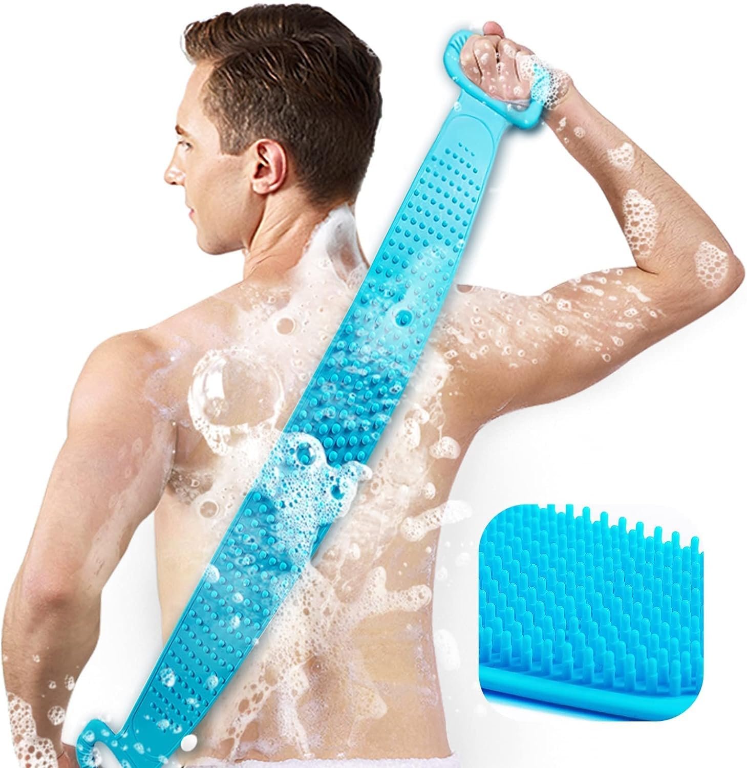 Blue silicone back scrubber with long handle for shower and body cleaning