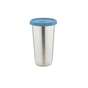 Stainless steel travel tumbler with blue lid