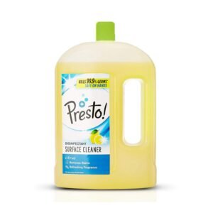 Presto citrus disinfectant surface cleaner in a large yellow bottle with a green cap, designed to remove stains and clean household surfaces with a refreshing citrus fragrance.