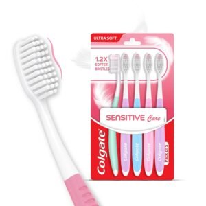 Colgate Sensitive Care Ultra Soft toothbrush pack with five toothbrushes and 1.2X softer bristles, designed for gentle brushing and sensitive teeth and gums.