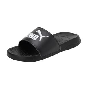 Puma black slide sandals with a wide adjustable strap featuring the iconic Puma logo, textured footbed and cushioned sole for comfortable everyday casual wear.