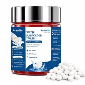 ShowerZen chlorine water purification tablets in a red container, featuring water treatment tablets for household tanks, sump pits, drinking water and food processing applications.