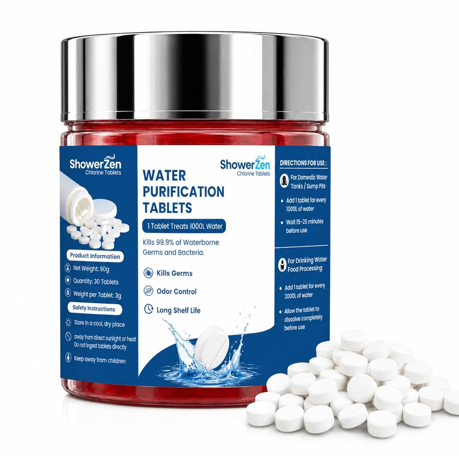 ShowerZen chlorine water purification tablets in a red container, featuring water treatment tablets for household tanks, sump pits, drinking water and food processing applications.