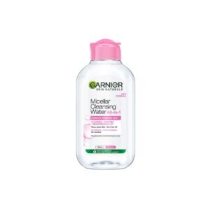 Garnier Skin Naturals Micellar Cleansing Water All-in-1 with pink cap for sensitive skin, designed to cleanse, soothe and remove makeup gently.