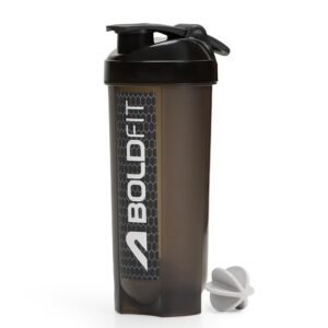 Black protein shaker bottle with secure flip-top lid