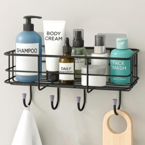 Black wall mounted bathroom storage rack with hooks and toiletries