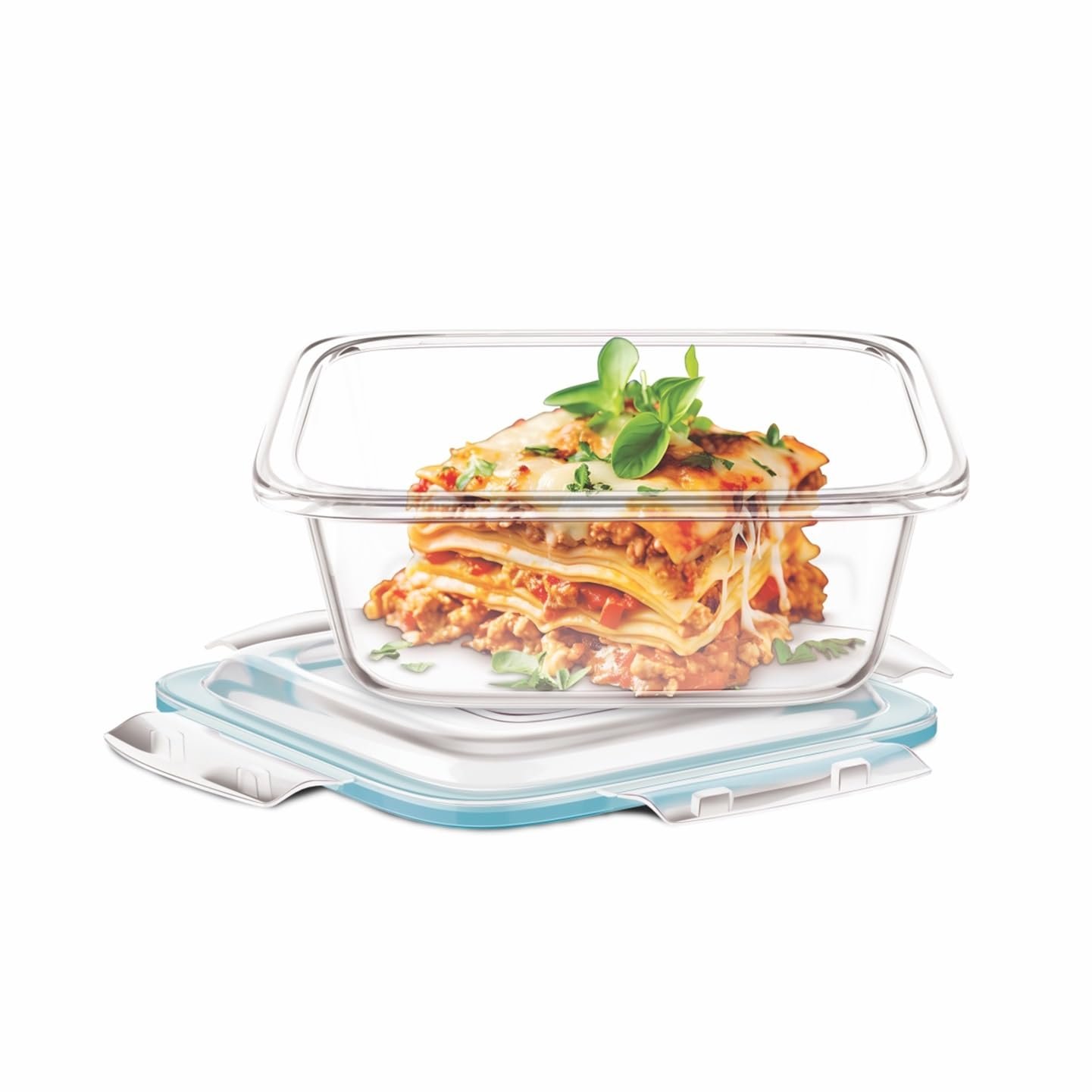 Glass food storage container with lid holding prepared lasagna