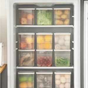 Transparent food storage containers organized in refrigerator