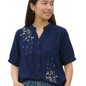 Women’s Navy Blue Floral Embroidered Short Sleeve Casual Shirt