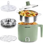 Electric multi-purpose cooker with stainless steel steaming tray and cooking accessories