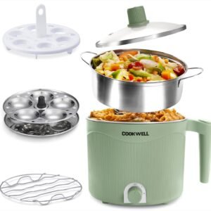 Electric multi-purpose cooker with stainless steel steaming tray and cooking accessories